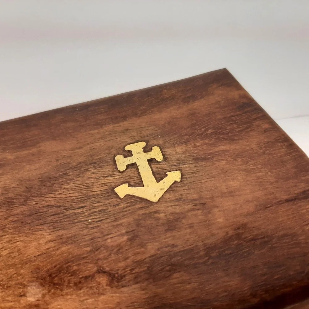 Nautical Wood Hinged Inlaid Brass Anchor Trinket Box Ocean Beach 4.75 x 4.75